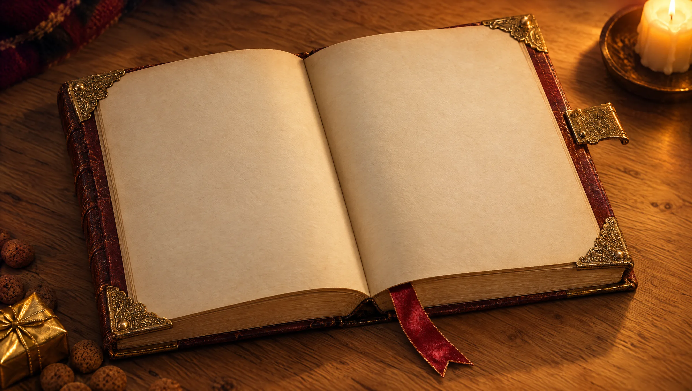 Het grote boek van Sinterklaas ligt opengeslagen op tafel bij kaarslicht