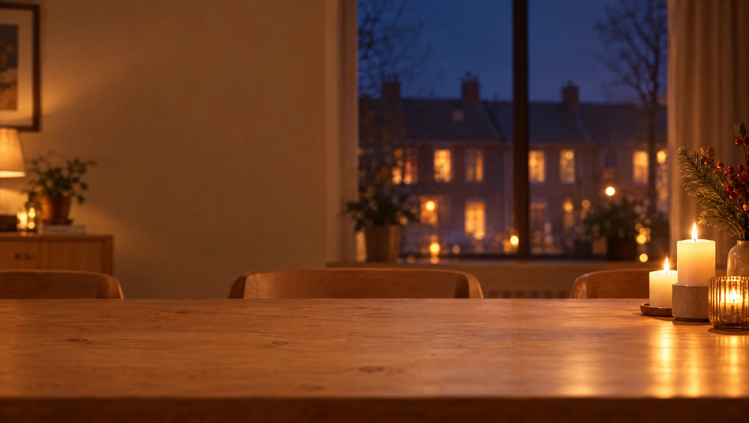 Een stille woonkamer bij kaarslicht